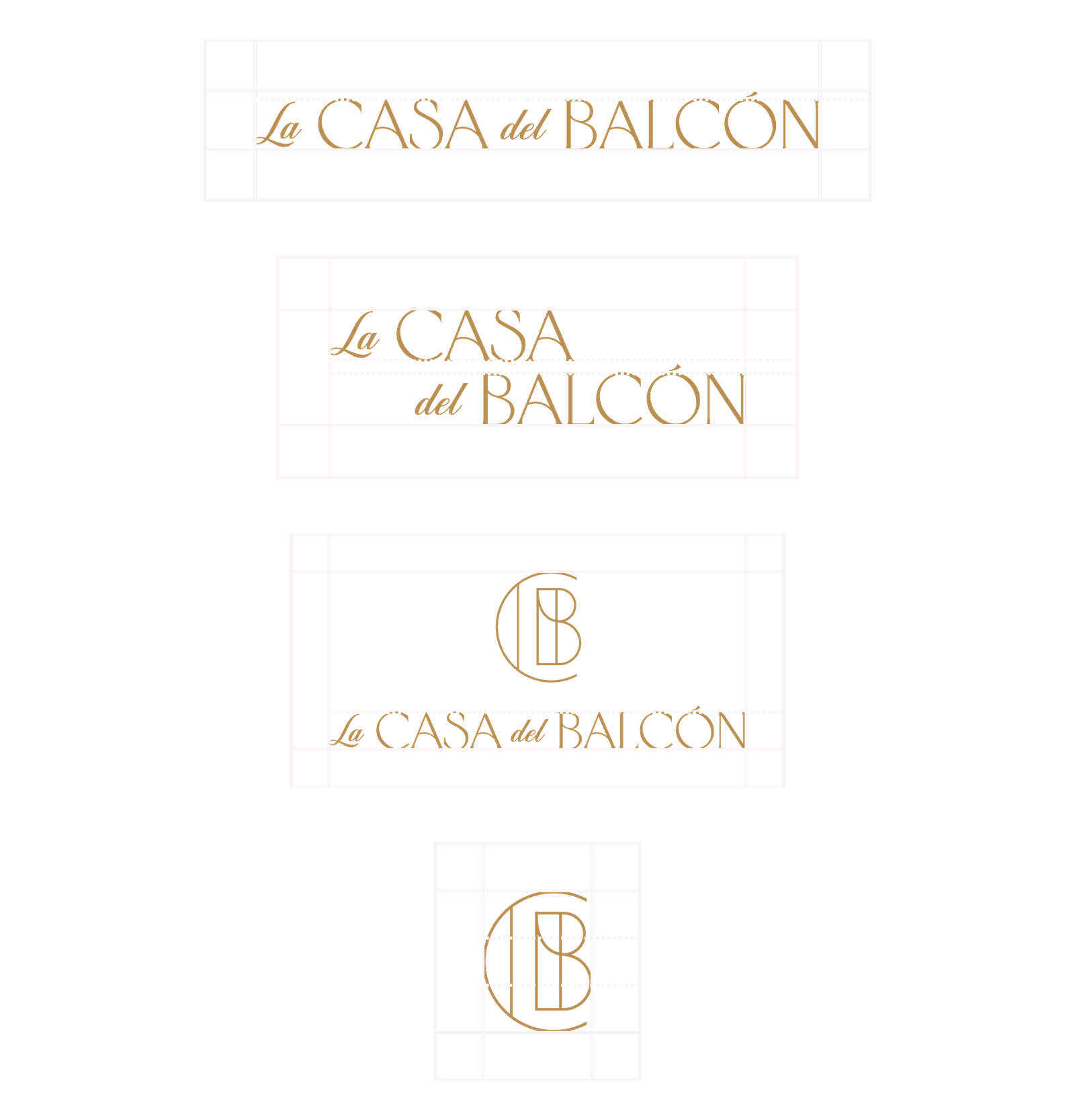 4 Versiones de logo de la Casa del Balcón con su grilla constructiva