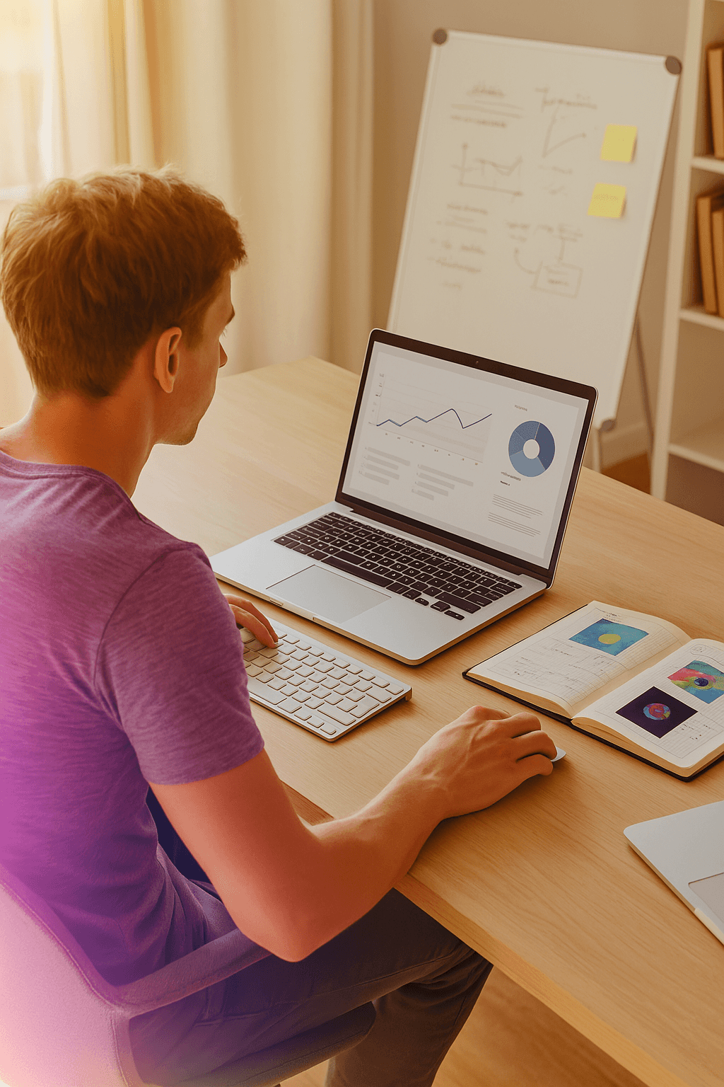 Persona trabajando en una laptop con gráficos de datos, representando el uso de inteligencia artificial en branding.